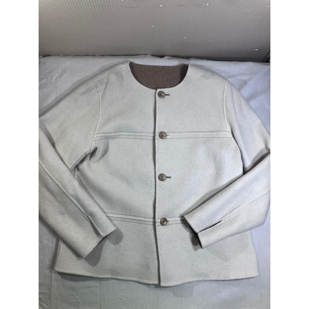 Reversible Wool‎ Blend Button Front Jacket Cream Taupe Sz. XL Collarless Coat
